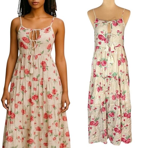 Christy Dawn Floral Tiered Midi Dress Sz.S Ivory Red Roses Romantic Sundress